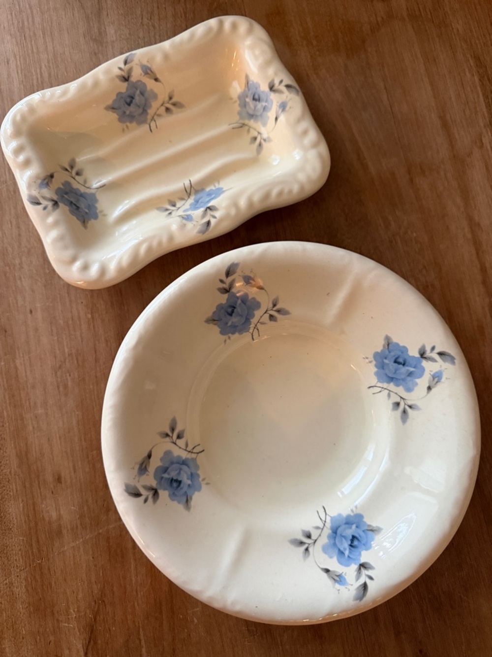 Athena Cream Ceramic Dish and Bowl Set with Blue Floral Motif